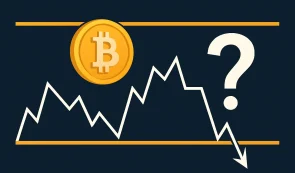 bitcoin logo with arrow and question question mark signalling price level down