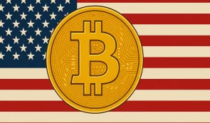 Bitcoin token with U.S. flag as a background