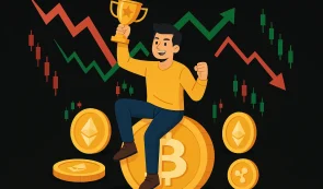 crypto trader holding title, bitcoin logo up and down arrows win