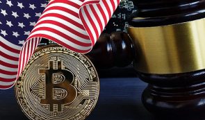 American flag and judge hammer around bitcoin sign