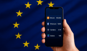 Crypto trading app on mobile phone - background EU flag