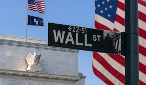Federal Reserve Building, Wallstreet sign and USA flag