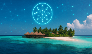 Maldies Houses in Water with Blockchain Background