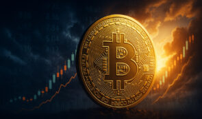 Bitcoin-Münze vor dramatischem Hintergrund mit Finanzdiagrammen und Sonnenlicht – Symbol für Markt-Erholung und Hoffnung.