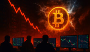 Dramatisches Bild eines fallenden Bitcoin-Kurses mit Tradern vor Bildschirmen und roten Kurslinien.