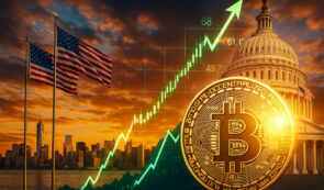 Bild einer goldenen Bitcoin-Münze vor US-Kapitol und steigenden Börsencharts, Symbol für Aufschwung nach dem Shutdown.