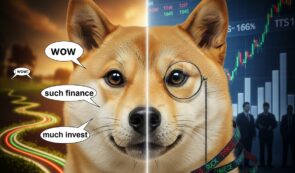 Logo Dogecoin et logo Maxi Doge sur fond de graphique haussier