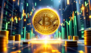 ビットコインが11万5000ドルを突破する様子を示す金色のコインと上昇チャート