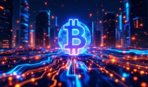 ビットコインを中心に仮想通貨のデータが流れる未来的な金融市場のイメージ