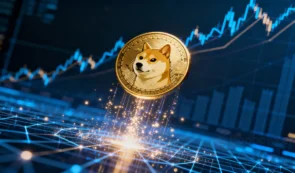 上昇するドージコインのシンボルとデジタルネットワークを表現した金融メディア向け画像