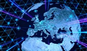 世界地図上で高速なブロックチェーン取引が行われている未来的な金融イメージ