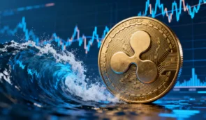 デジタルな売り圧力の波に耐えるリップル（XRP）コインと背後のチャート画面