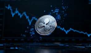 暗号資産リップル（XRP）のコインと減少するデータ粒子を描いたイメージ