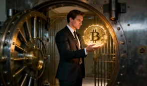 銀行の金庫室内で輝くビットコインをトロフィーのように大切に持つスーツ姿の投資家