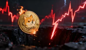 暗闇の深淵へと落下していくシバイヌ（SHIB）コインと、弱々しく燃える炎、背景にある赤い下降トレンドライン