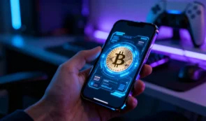 ソニー銀行のステーブルコイン計画をイメージした、スマートフォンに表示される安全なデジタル通貨画面とゲーミング環境