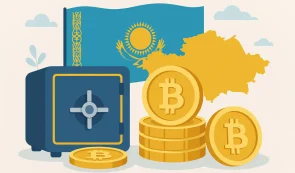 Bitcoins, treasury vault and Kazakhstan flag