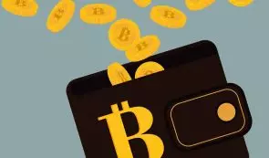Bitcoin coins falling into a black wallet featuring a yellow Bitcoin symbol.