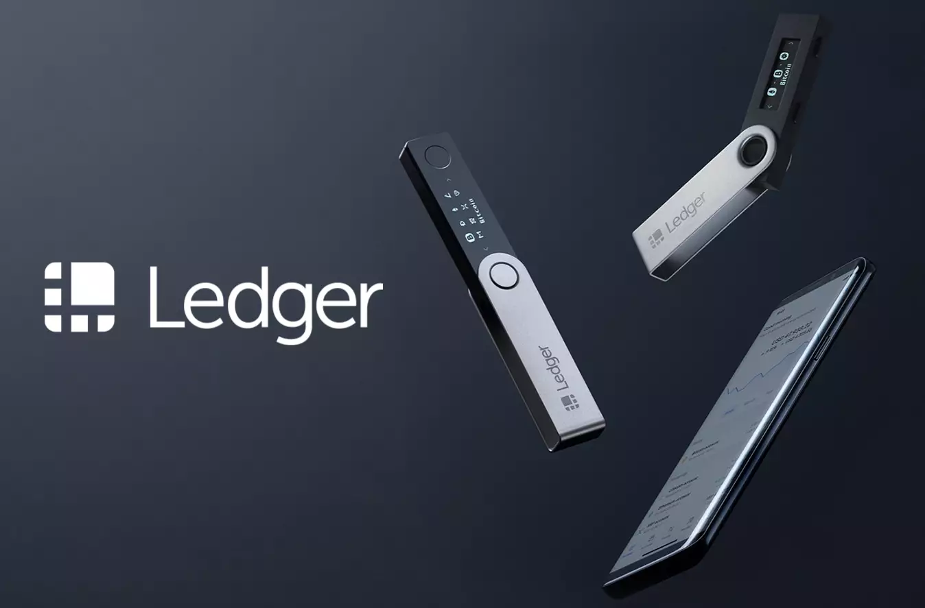 Ledger hardware wallets showcasing multiple devices, smartphone integration, and the brand logo on a dark background.
