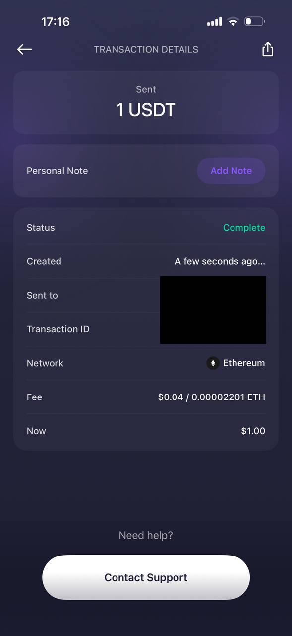 Completed USDT transaction details on Ethereum showing a final network fee of $0.04