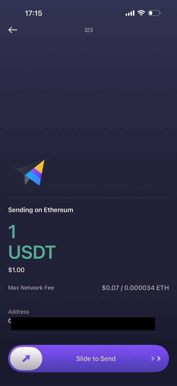 Wallet screen sending 1 USDT on Ethereum with a quoted max network fee of $0.07