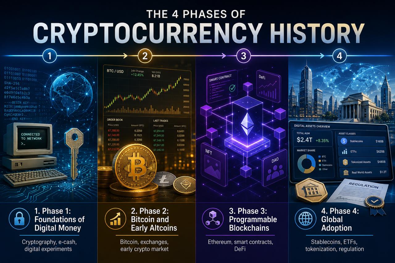 An infographic titled "The 4 Phases of Cryptocurrency History" charting the evolution of crypto across four stages: Phase 1 (Foundations of Digital Money featuring cryptography and e-cash), Phase 2 (Bitcoin and Early Altcoins featuring trading markets), Phase 3 (Programmable Blockchains featuring Ethereum, smart contracts, and DeFi), and Phase 4 (Global Adoption featuring stablecoins, ETFs, tokenization, and regulation).