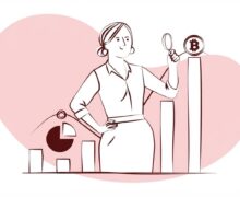 A line illustration of a woman analyzing financial growth charts and examining a Bitcoin symbol with a magnifying glass.