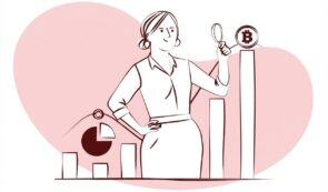 A line illustration of a woman analyzing financial growth charts and examining a Bitcoin symbol with a magnifying glass.