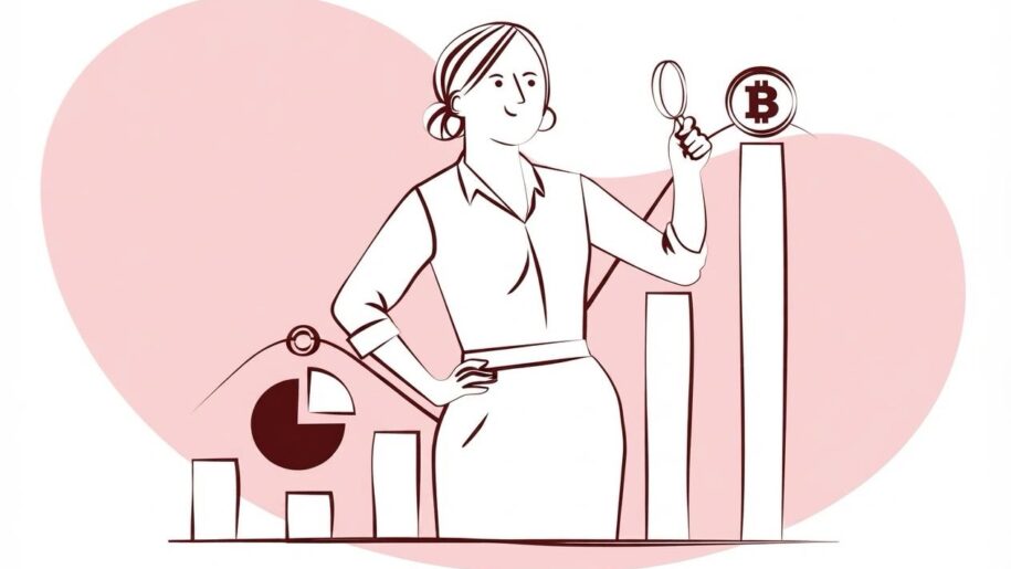 A line illustration of a woman analyzing financial growth charts and examining a Bitcoin symbol with a magnifying glass.