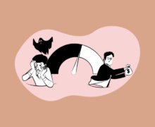 Illustration of a fear-and-greed gauge between a fearful person and a person holding a money bag, on a peach background.