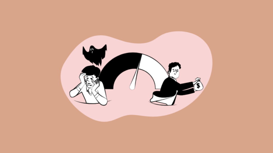 Illustration of a fear-and-greed gauge between a fearful person and a person holding a money bag, on a peach background.