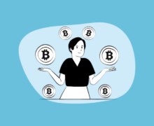 Illustration of a person surrounded by floating Bitcoin coins, on a blue background.