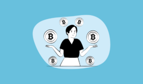 Illustration of a person surrounded by floating Bitcoin coins, on a blue background.