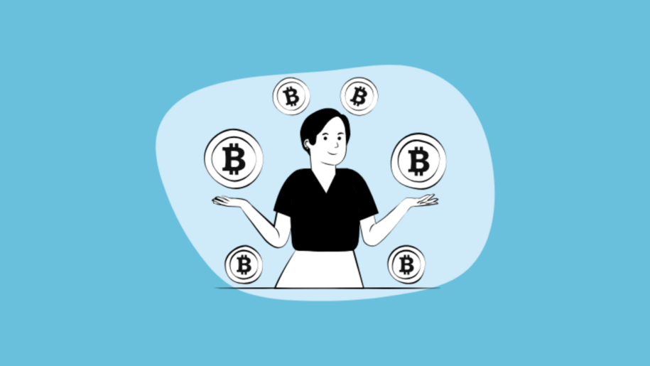 Illustration of a person surrounded by floating Bitcoin coins, on a blue background.