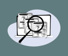 Illustration of a magnifying glass over browser windows with question mark icons, on a gray-blue background.