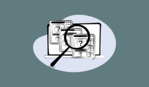 Illustration of a magnifying glass over browser windows with question mark icons, on a gray-blue background.