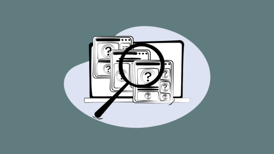 Illustration of a magnifying glass over browser windows with question mark icons, on a gray-blue background.