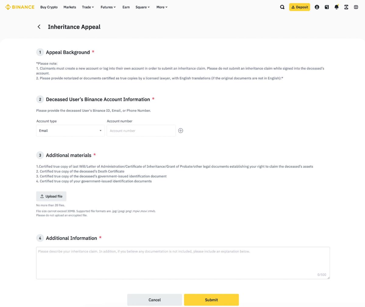 Binance Inheritance Appeal submission form requiring deceased account info, legal documentation (such as a will or death certificate), and claimant identification.