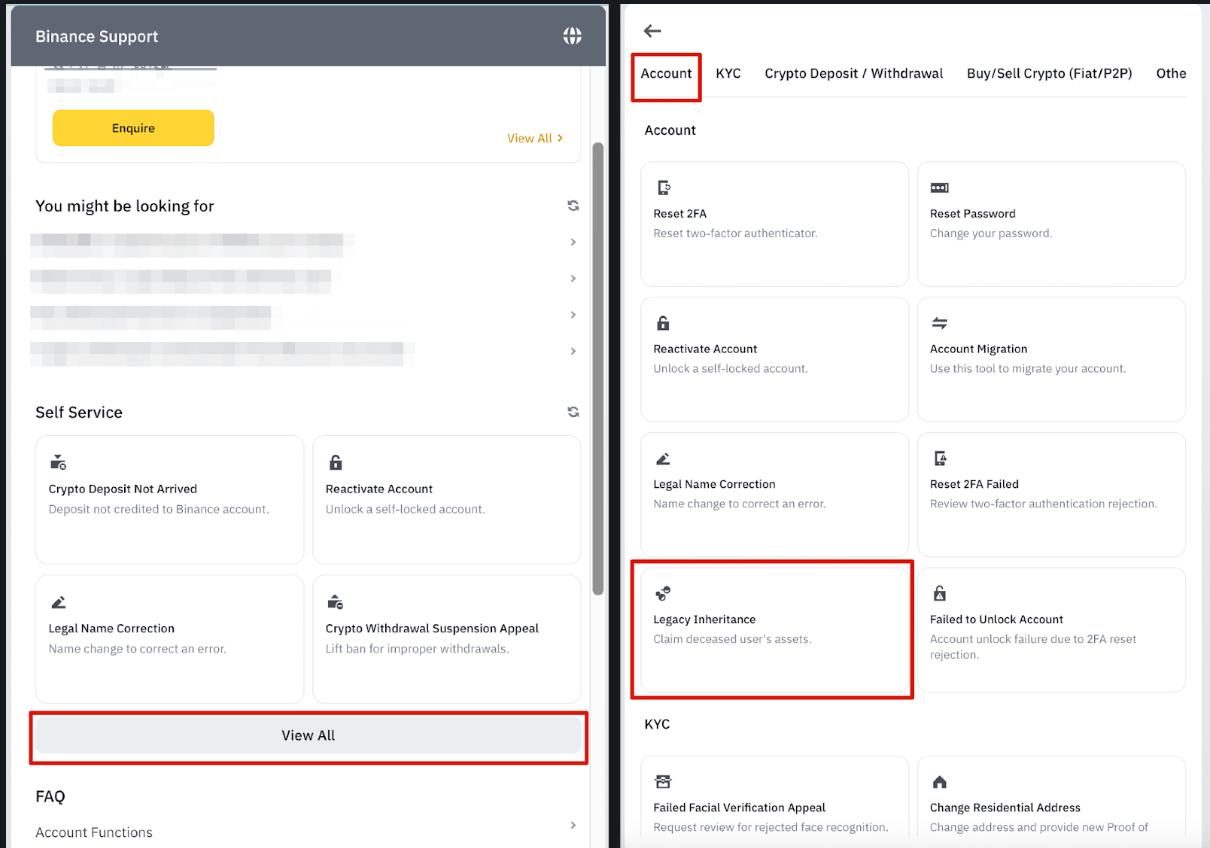 Binance Support interface showing account self-service menus with a highlighted "Legacy Inheritance" option to claim a deceased user's assets.