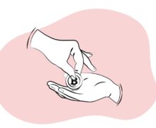 A minimalist line art illustration of one hand placing a Bitcoin token into another open palm against a soft pink background.