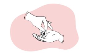 A minimalist line art illustration of one hand placing a Bitcoin token into another open palm against a soft pink background.