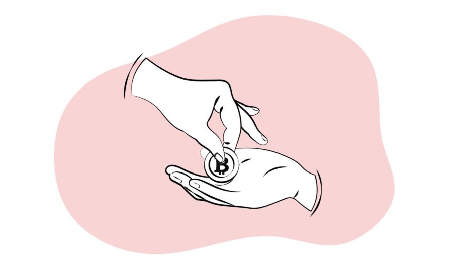 A minimalist line art illustration of one hand placing a Bitcoin token into another open palm against a soft pink background.