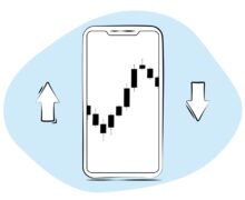 A minimalist line illustration of a smartphone displaying a candlestick trading chart, flanked by upward and downward pointing arrows on a soft blue background.