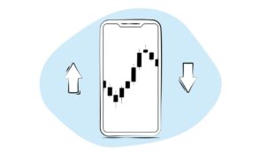 A minimalist line illustration of a smartphone displaying a candlestick trading chart, flanked by upward and downward pointing arrows on a soft blue background.