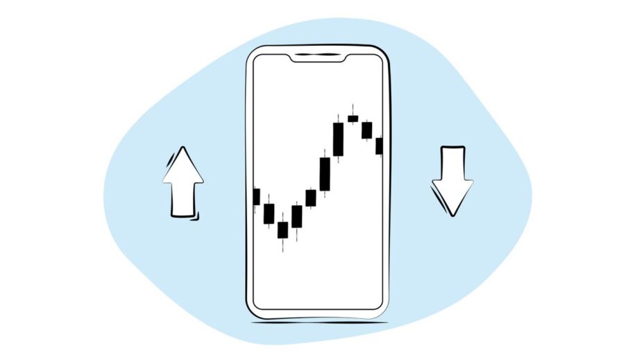 A minimalist line illustration of a smartphone displaying a candlestick trading chart, flanked by upward and downward pointing arrows on a soft blue background.