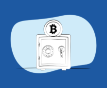 Illustration of a Bitcoin coin above a safe, on a blue background.