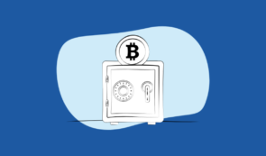 Illustration of a Bitcoin coin above a safe, on a blue background.