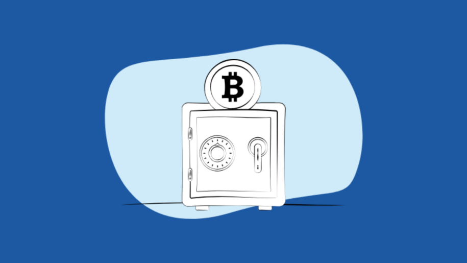 Illustration of a Bitcoin coin above a safe, on a blue background.