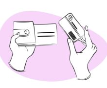 Line art illustration showing hands holding a digital wallet and a payment card for online cryptocurrency transactions against a pink background.