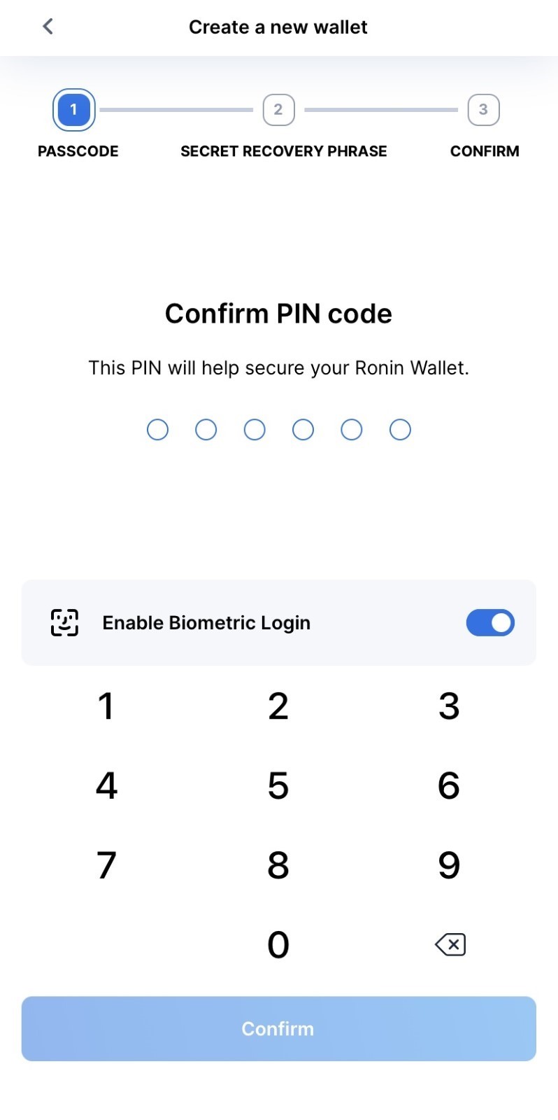 Confirm PIN Code - Ronin Wallet